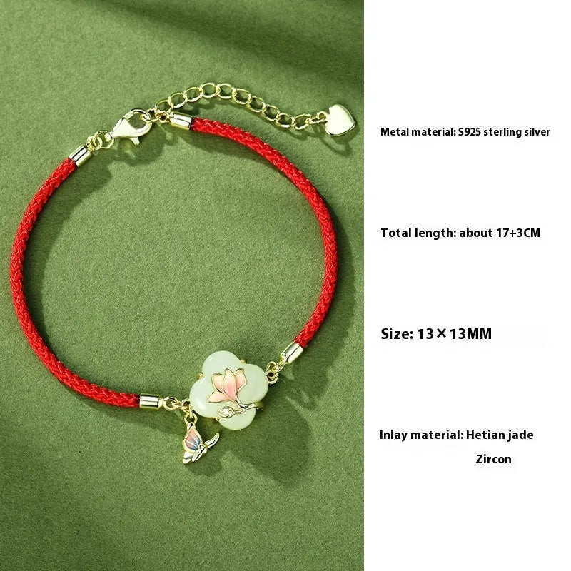 Magnolia Hetian jade necklace with 925 sterling silver pendant on O-shaped chain, 45cm length, flower shape