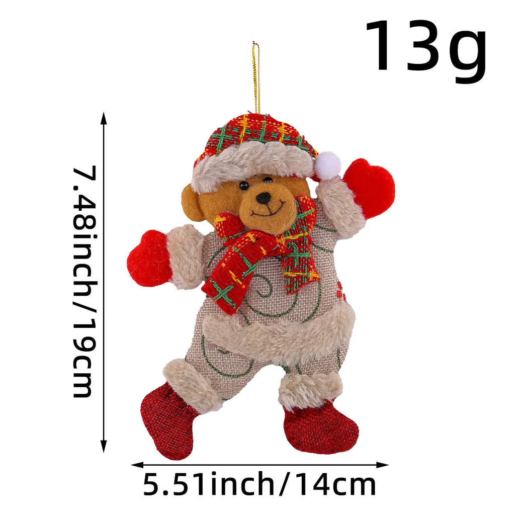 Christmas tree ornaments set with Santa, snowman, reindeer and bear figures in red and white scarves, golden balls and red bows.