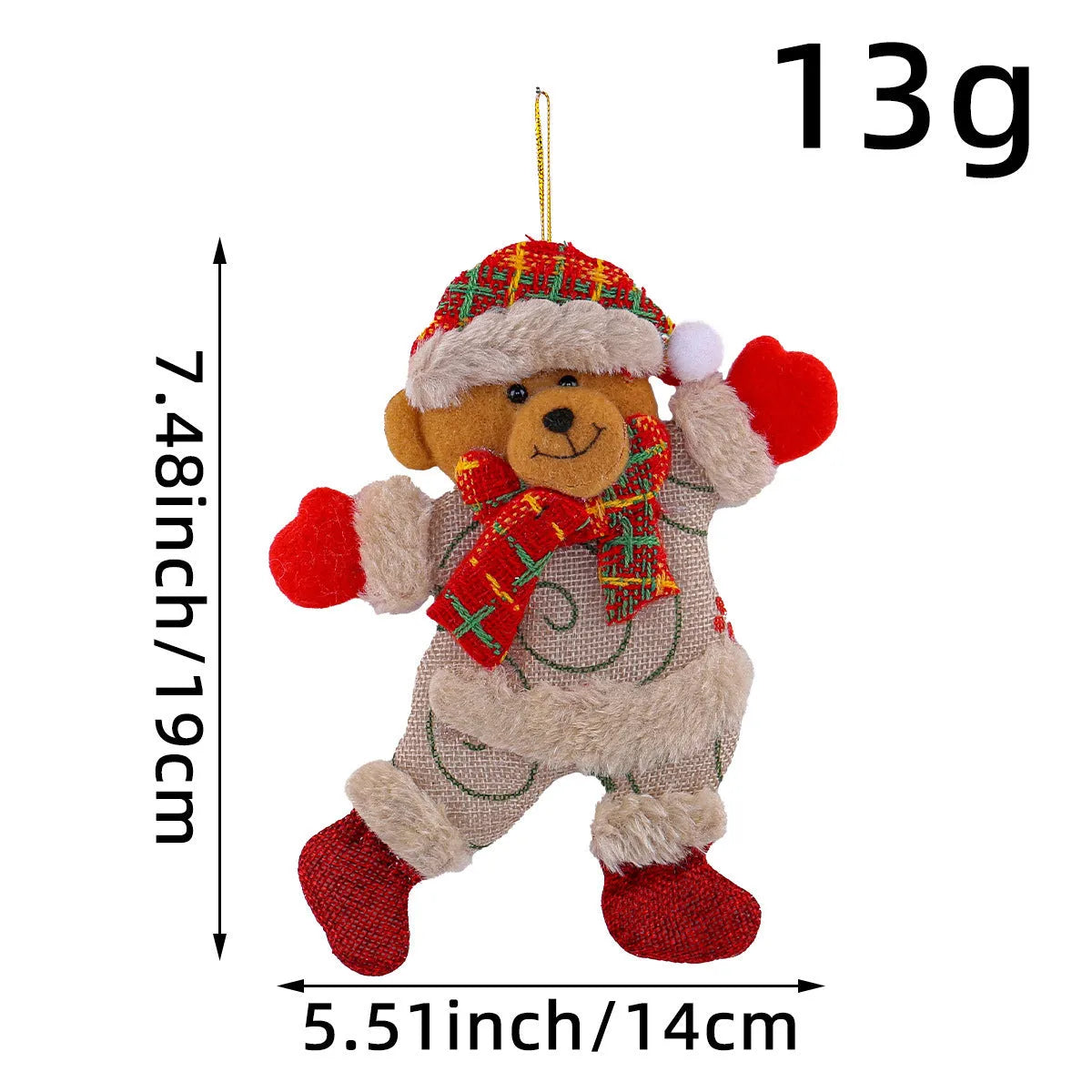 Christmas tree ornaments set with Santa, snowman, reindeer and bear figures in red and white scarves, golden balls and red bows.