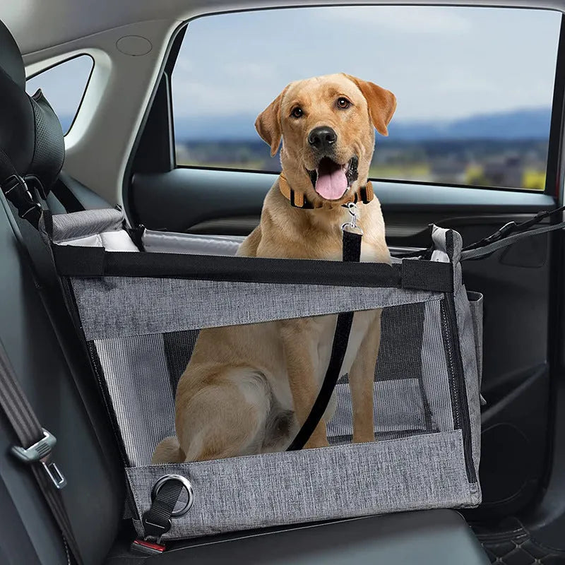 Small black Oxford cloth dog crate with mesh sides, showing carry handle and 49cm dimensions.