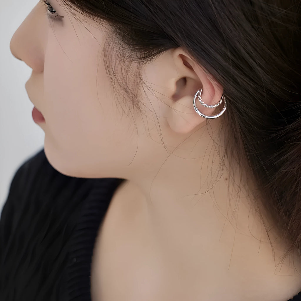 S925 sterling silver U-shaped ear clip with platinum electroplated finish and double layer geometric design