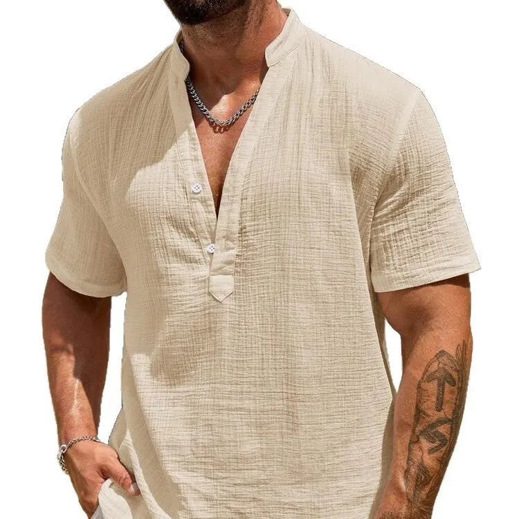 Men's solid colour stand collar short-sleeved casual shirt on a hanger