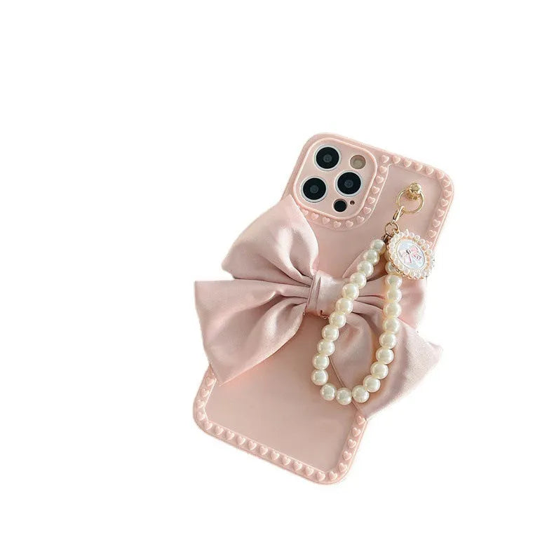 Bowknot pearl chain TPU phone case for iPhone in beige solid colour rear cover style