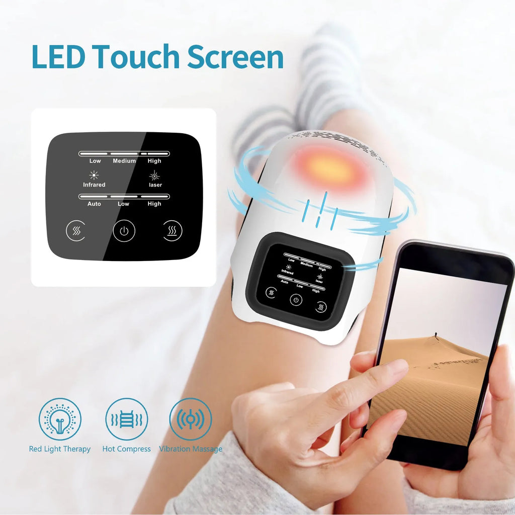 Rechargeable electric knee massager in white or wood colour with USB charging cable