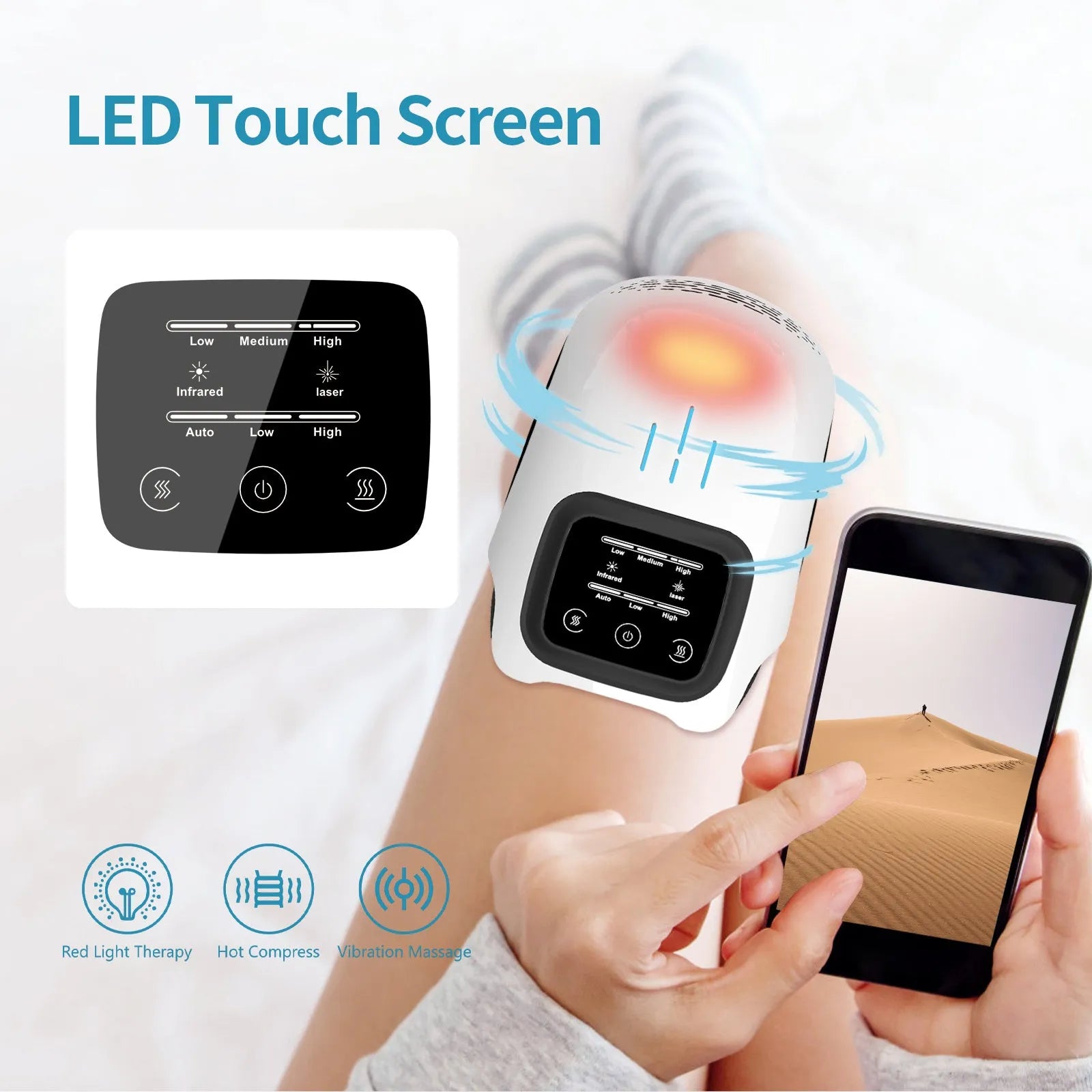 Rechargeable electric knee massager in white or wood colour with USB charging cable