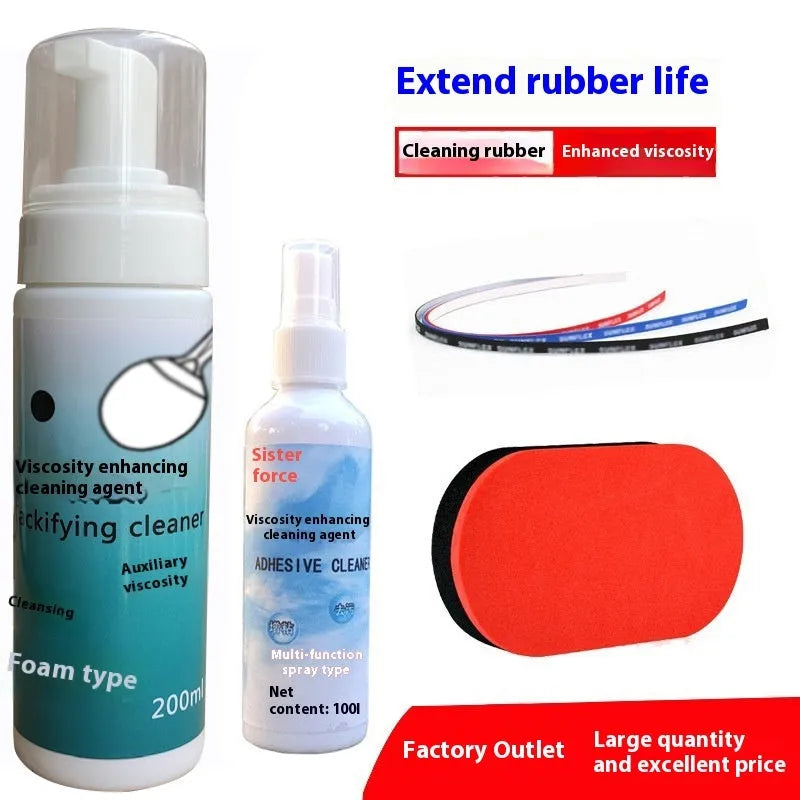 Table tennis racket cleaner kit with sponge mop, rubber cleaning agent bottle and protective film on table