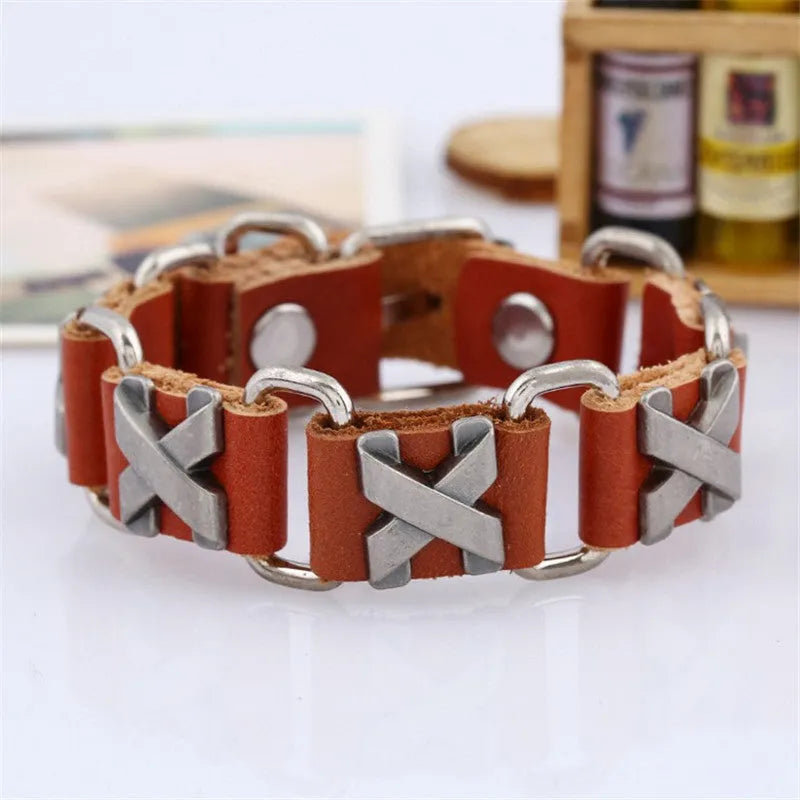 Handmade leather bracelet with retro geometric letter connection design in black colour option