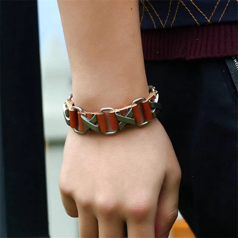 Handmade leather bracelet with retro geometric letter connection design in black colour option