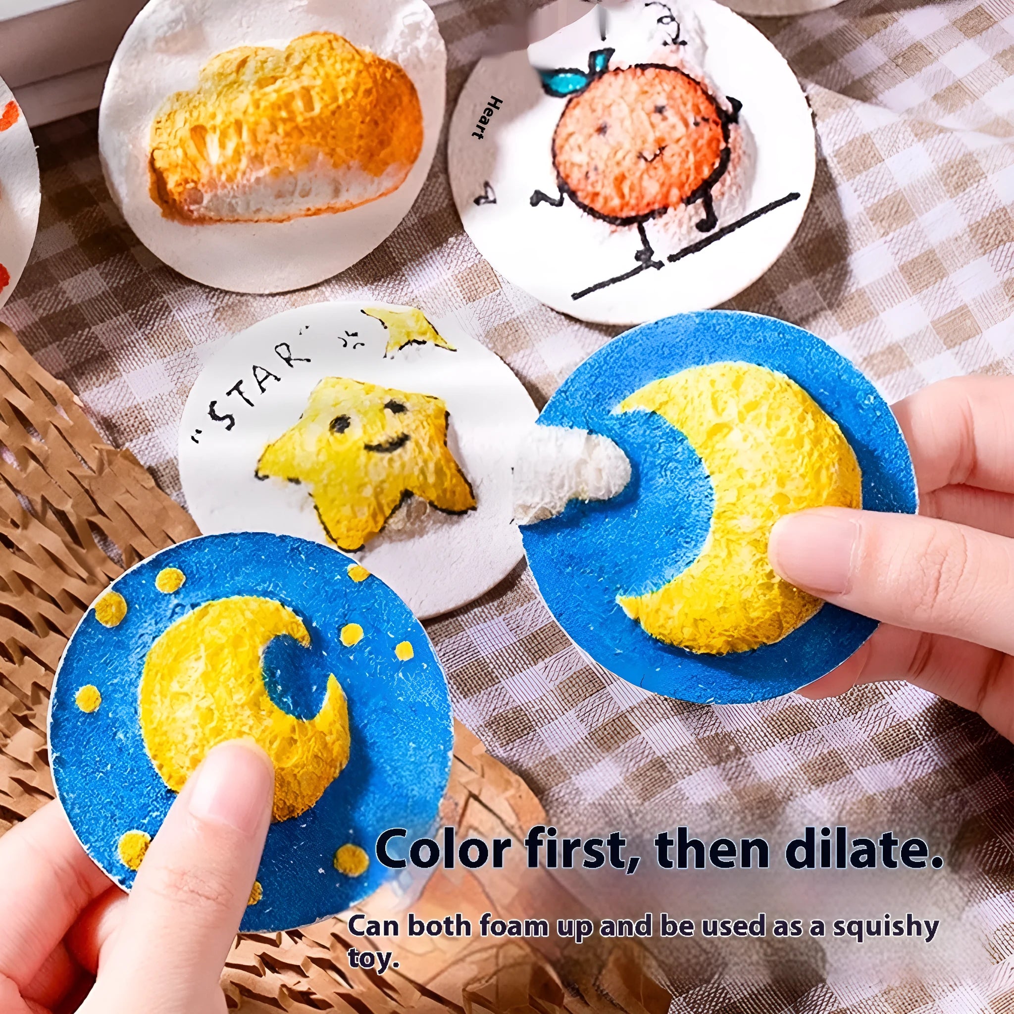 Cartoon painting set with wood pulp paper, six fountain pens, and heart, round, square sponges