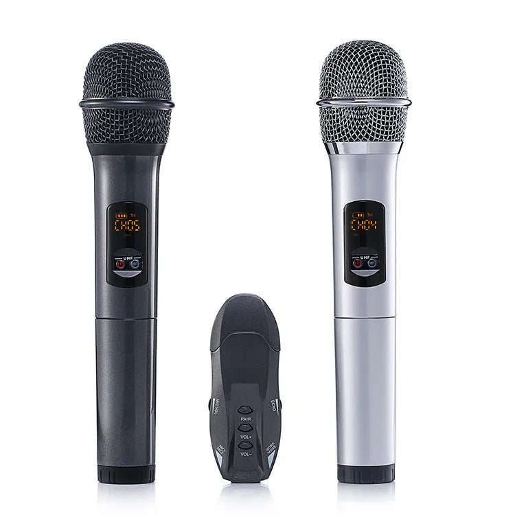 Ane For Two K18U wireless microphone system with two handheld dynamic microphones in silver black and silver white, receiver, and cables