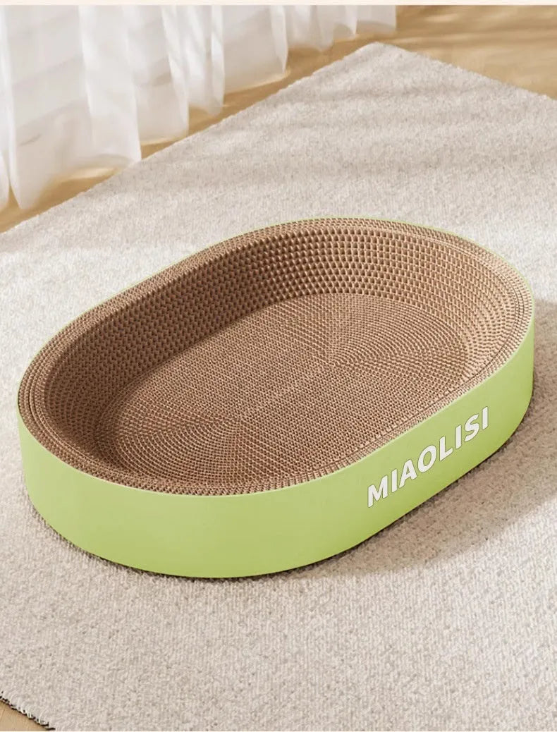 55cm oval green corrugated paper cat scratch board with integrated cat nest design