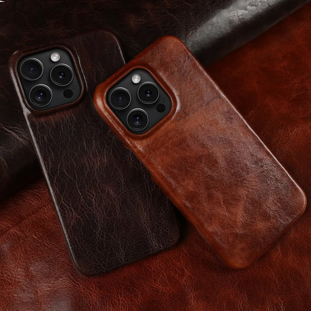 Handmade genuine leather iPhone 16 case in black, brown, dark blue, dark brown, or dark red