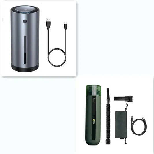 Wireless handheld car vacuum cleaner with blowing hose and HEPA filter.