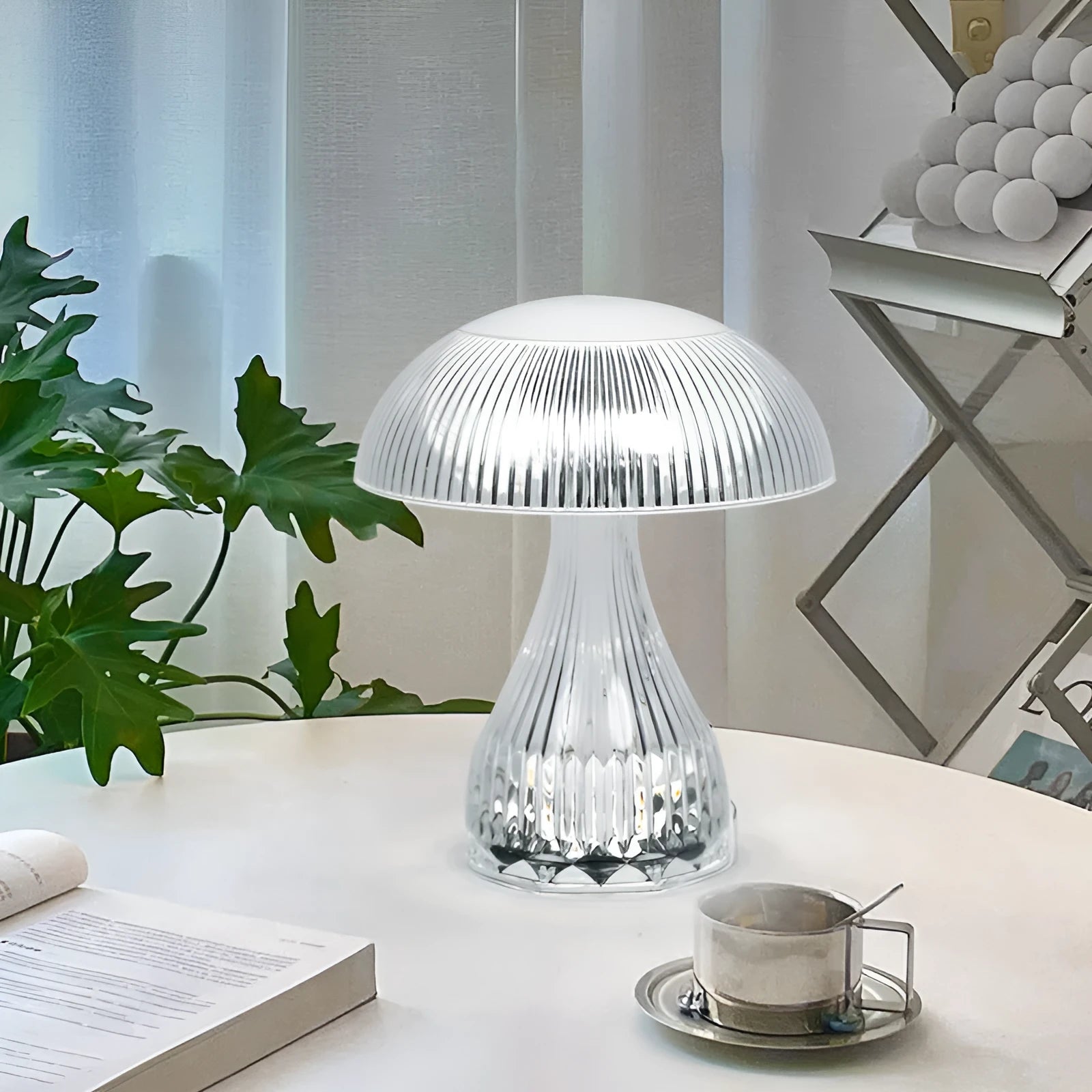 White three-colour changing USB rechargeable touch control night light on surface