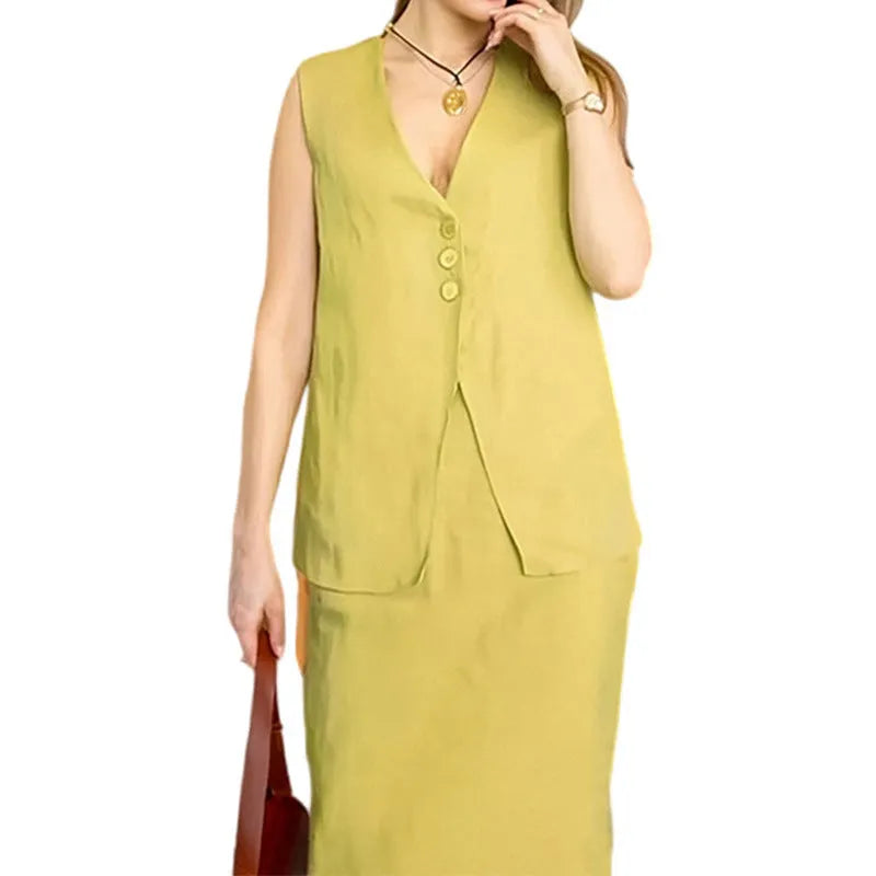 Blue sleeveless vest and matching long skirt two-piece set laid flat.