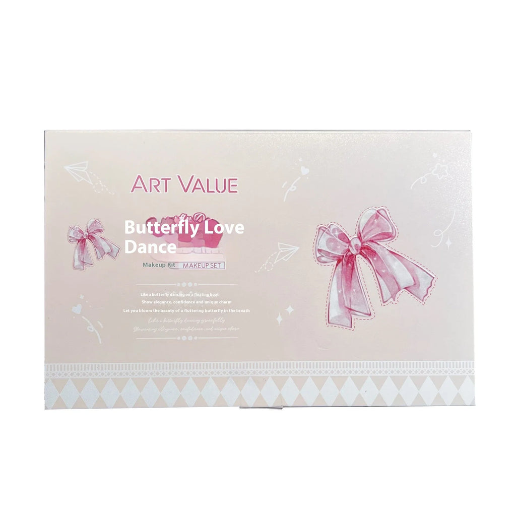 Pink butterfly box suite makeup set with lip muds, blusher, and necklace.