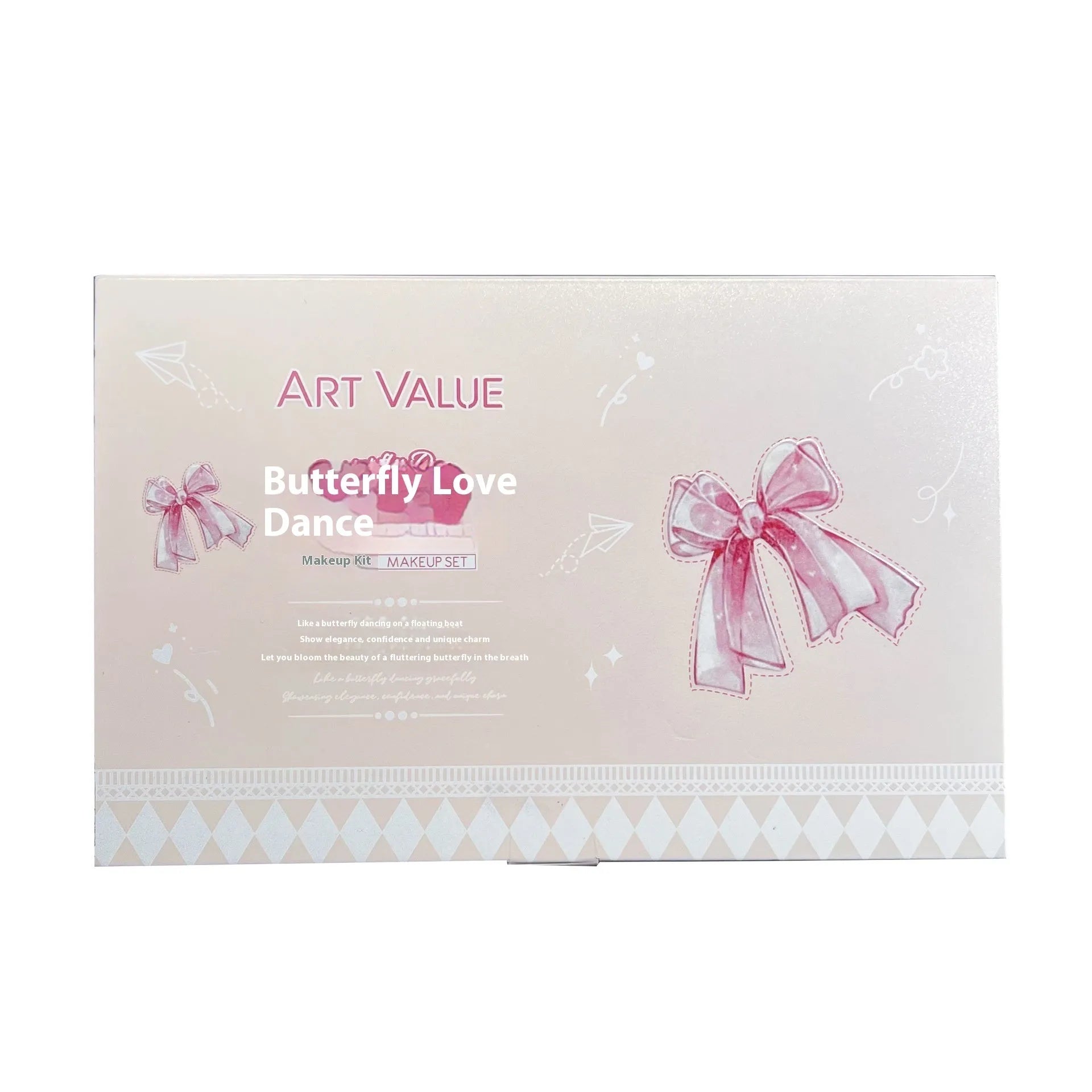 Pink butterfly box suite makeup set with lip muds, blusher, and necklace.