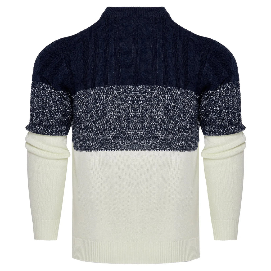 Men's grey knitted pullover sweater with ribbed cuffs and hem on a hanger