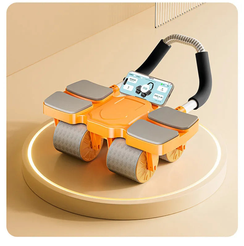 Black abdominal exercise wheel with four wheels and automatic rebound mechanism