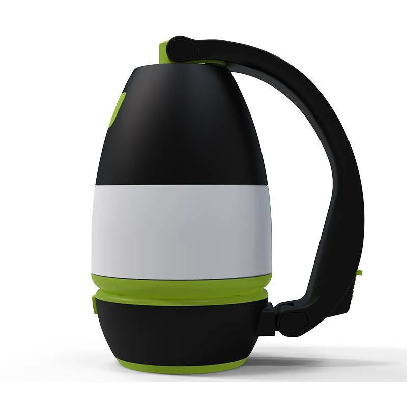 Black green multifunctional LED table lamp showing adjustable head and USB charging port