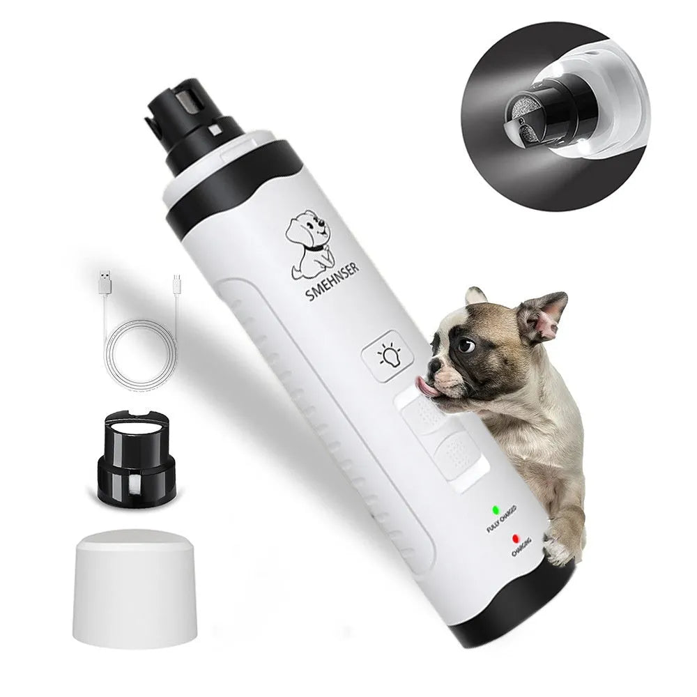 Electric dog nail trimmer device with LED display showing three speed settings for pet grooming