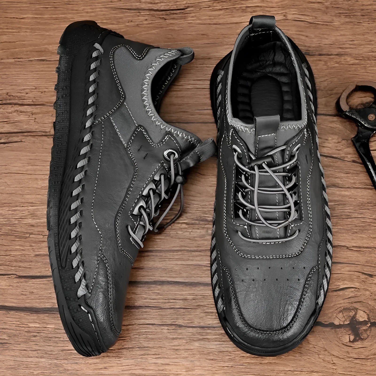 Men's hand-stitched round toe sneakers in black synthetic PU, low heel 1-3 cm, lace-up closure, side view