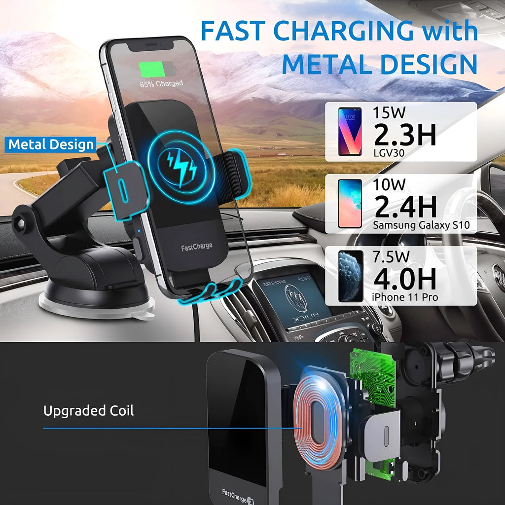 Black car dashboard wireless charging stand with 15W fast charging and air vent clip mount