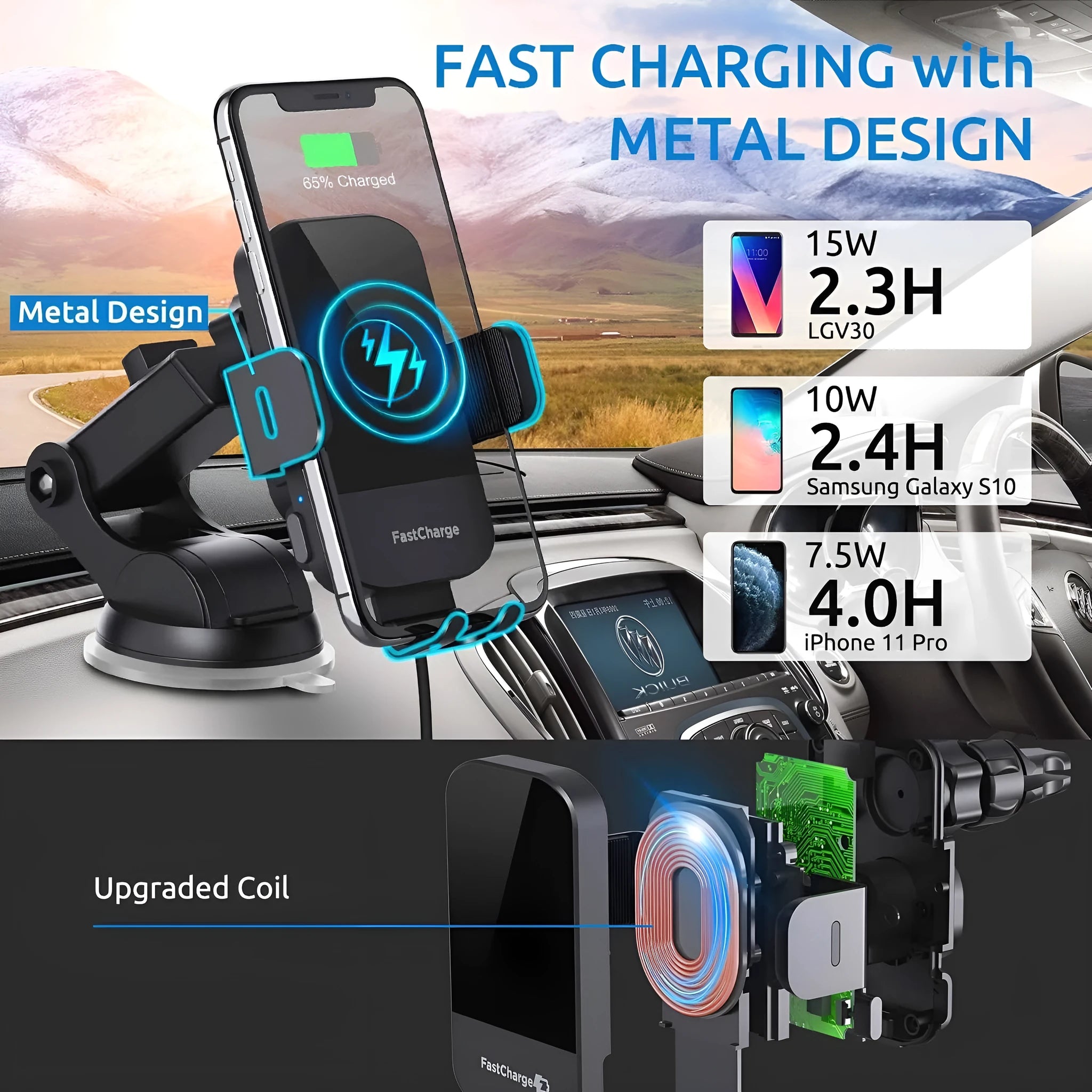 Black car dashboard wireless charging stand with 15W fast charging and air vent clip mount