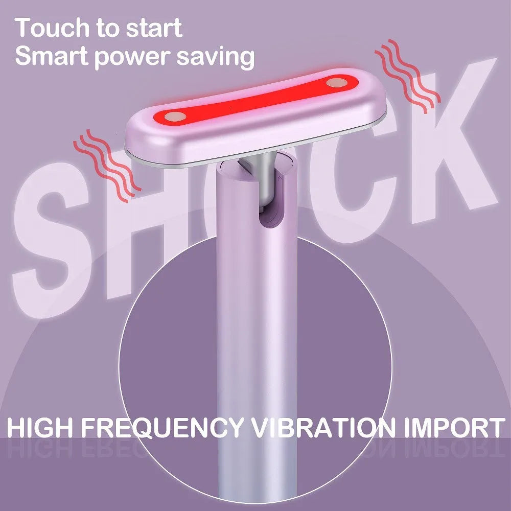 EMS micro-current face and neck massager with rotatable head, LED phototherapy, rechargeable portable design on white background