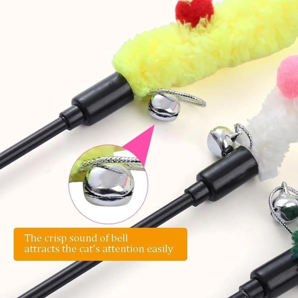 Blue cat wand toy with long plush strip and fluffy ball with bells on a 41cm pole
