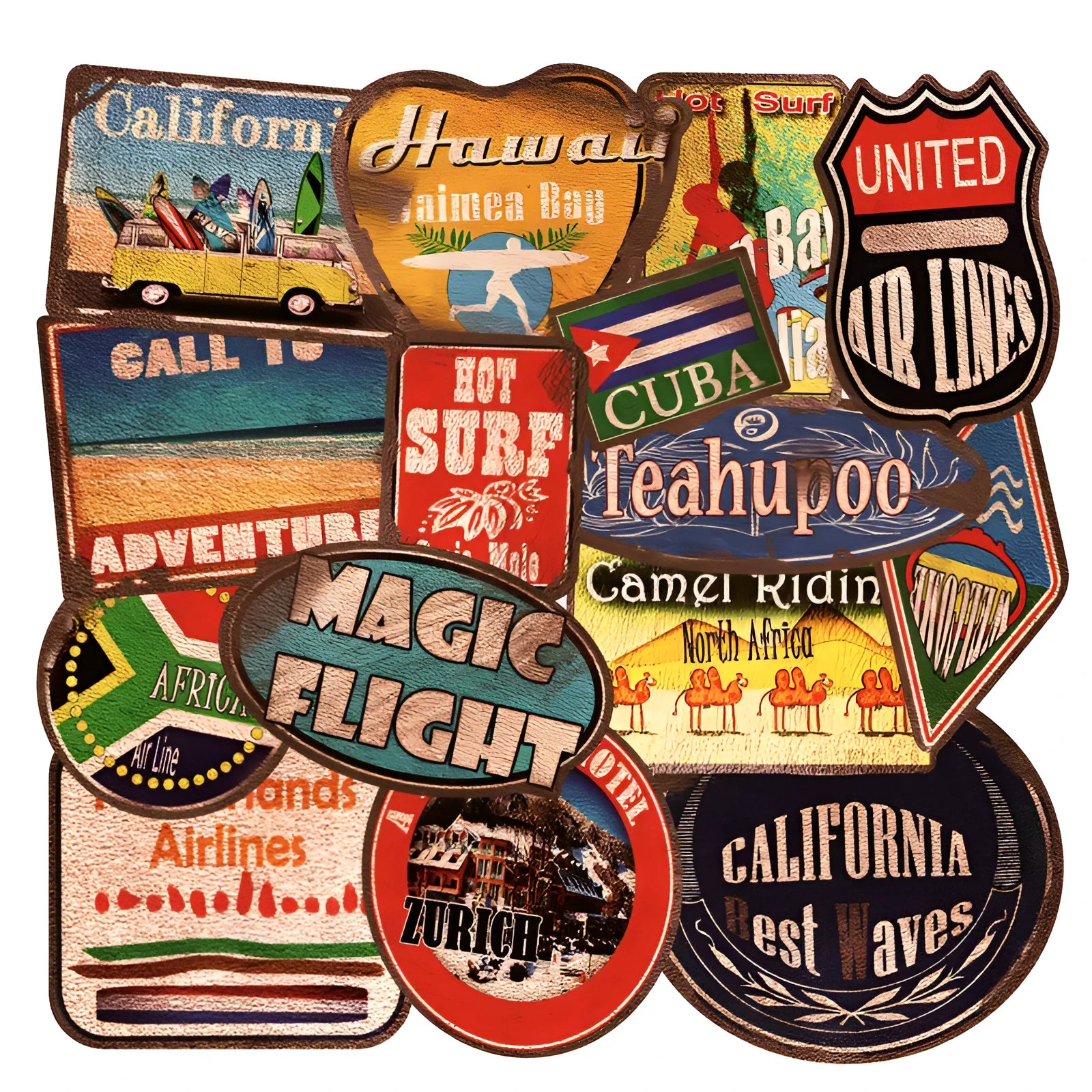36 piece retro beach sticker set with surf and travel designs measuring 6-10cm on PVC with matte film