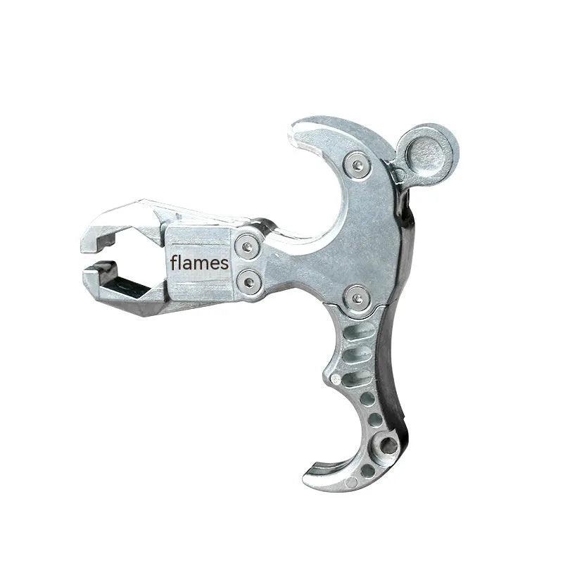 Close-up of a zinc alloy two-axis harpoon clip release aid with stainless steel mechanism.