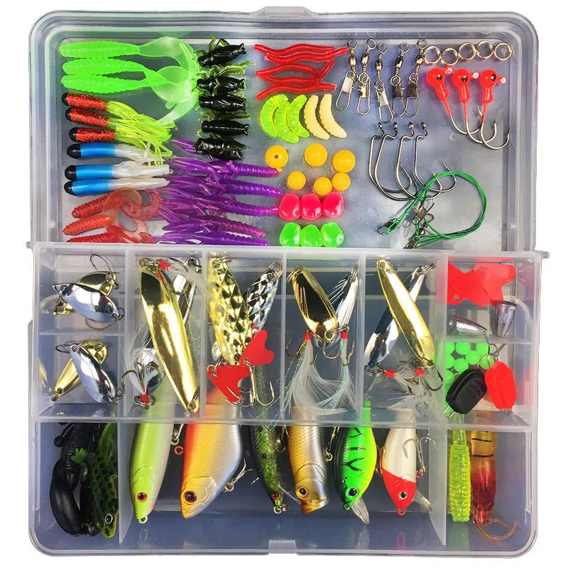 Fishing lure suit with PP plastic box containing multiple artificial baits in compartmentalised storage