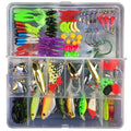 Fishing lure suit with PP plastic box containing multiple artificial baits in compartmentalised storage