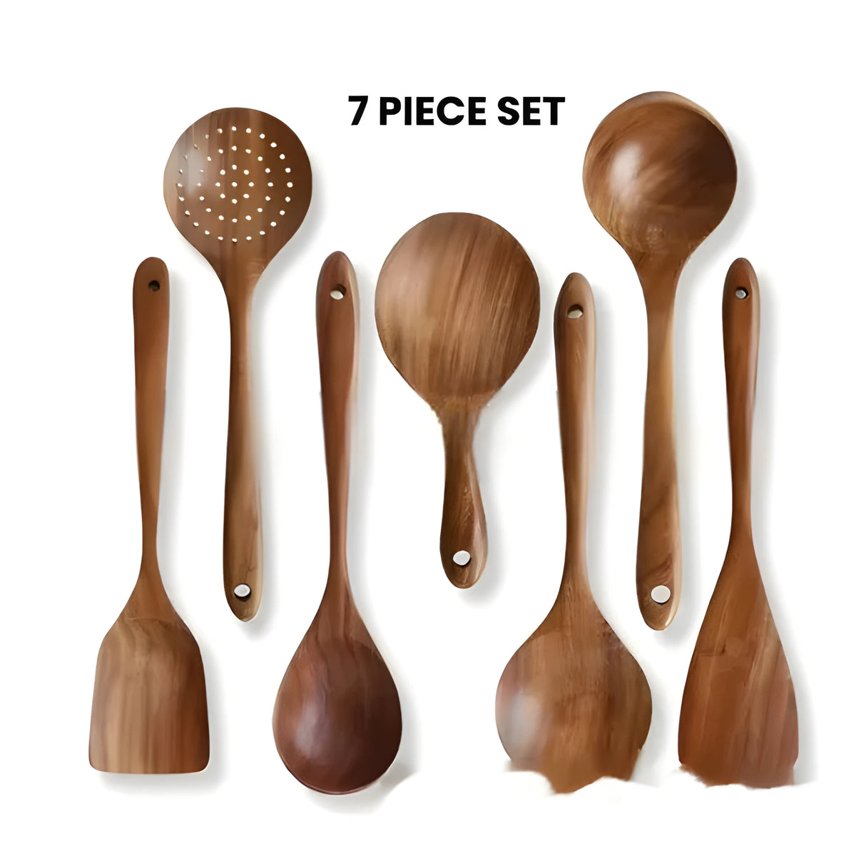 A set of seven wooden kitchen utensils including spoons and spatulas arranged together.