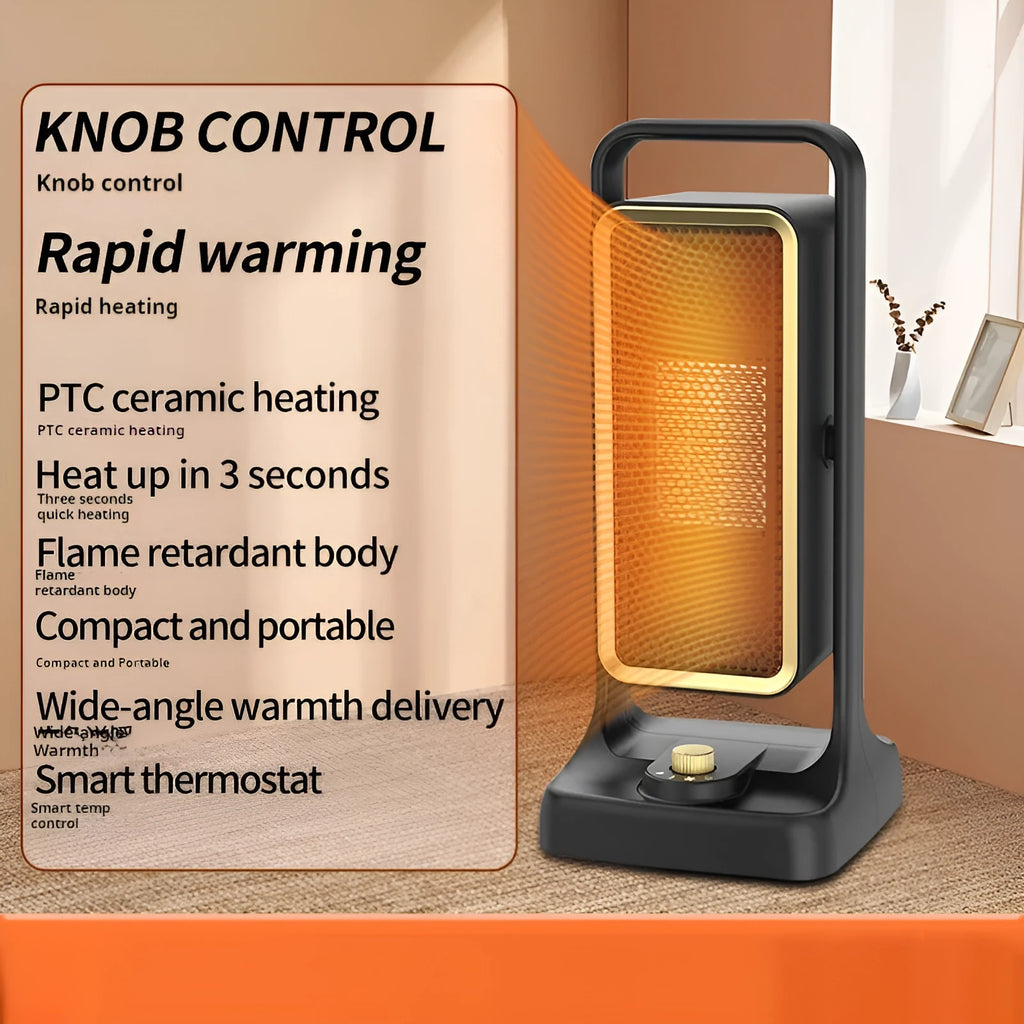 Black HQ-500A desktop PTC ceramic heater showing compact design with control knob