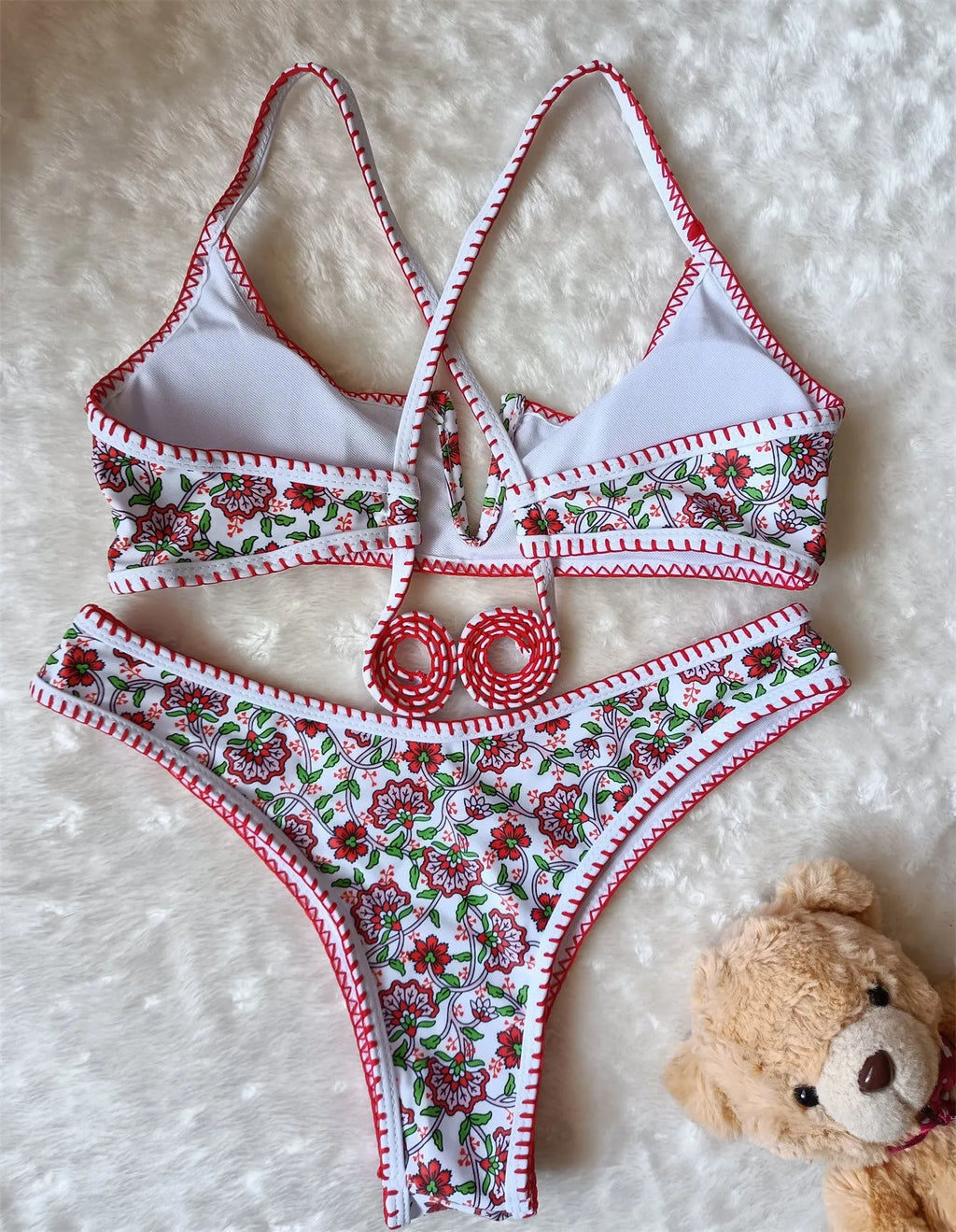 Women's V-neck floral embroidery printed swimsuit briefs in polyester fabric
