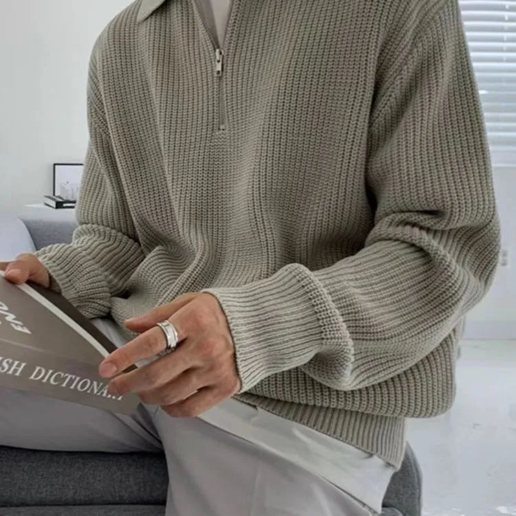 Men's loose fit half zip pullover sweater in black polyester blend long sleeves casual spring autumn top