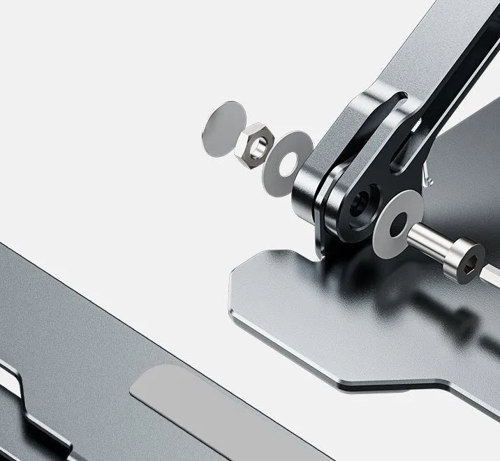 Grey adjustable aluminium laptop stand in open and folded positions on a wooden desk.