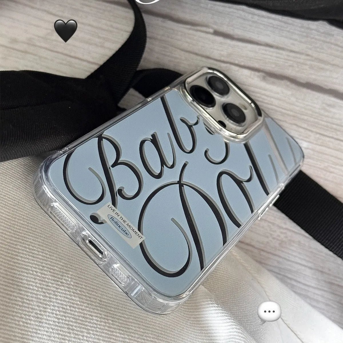 Clear TPU iPhone case with mirrored finish showing JMKJ letters on blue background for models 11 to 16