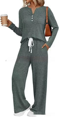 Women's striped V-neck knit casual coat with long sleeves and matching pants in light grey colour