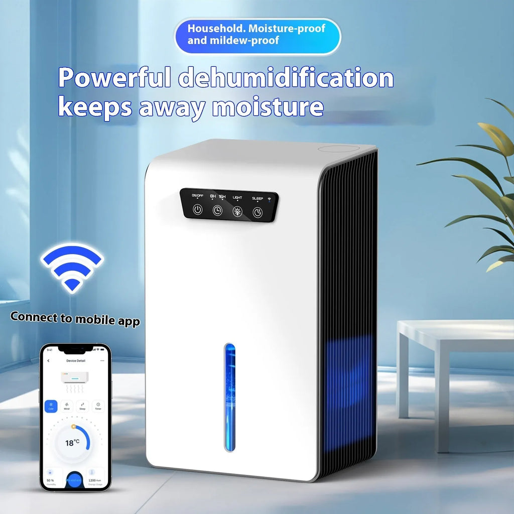 Milky white compact household dehumidifier with water tank for bedrooms up to 20 square metres.