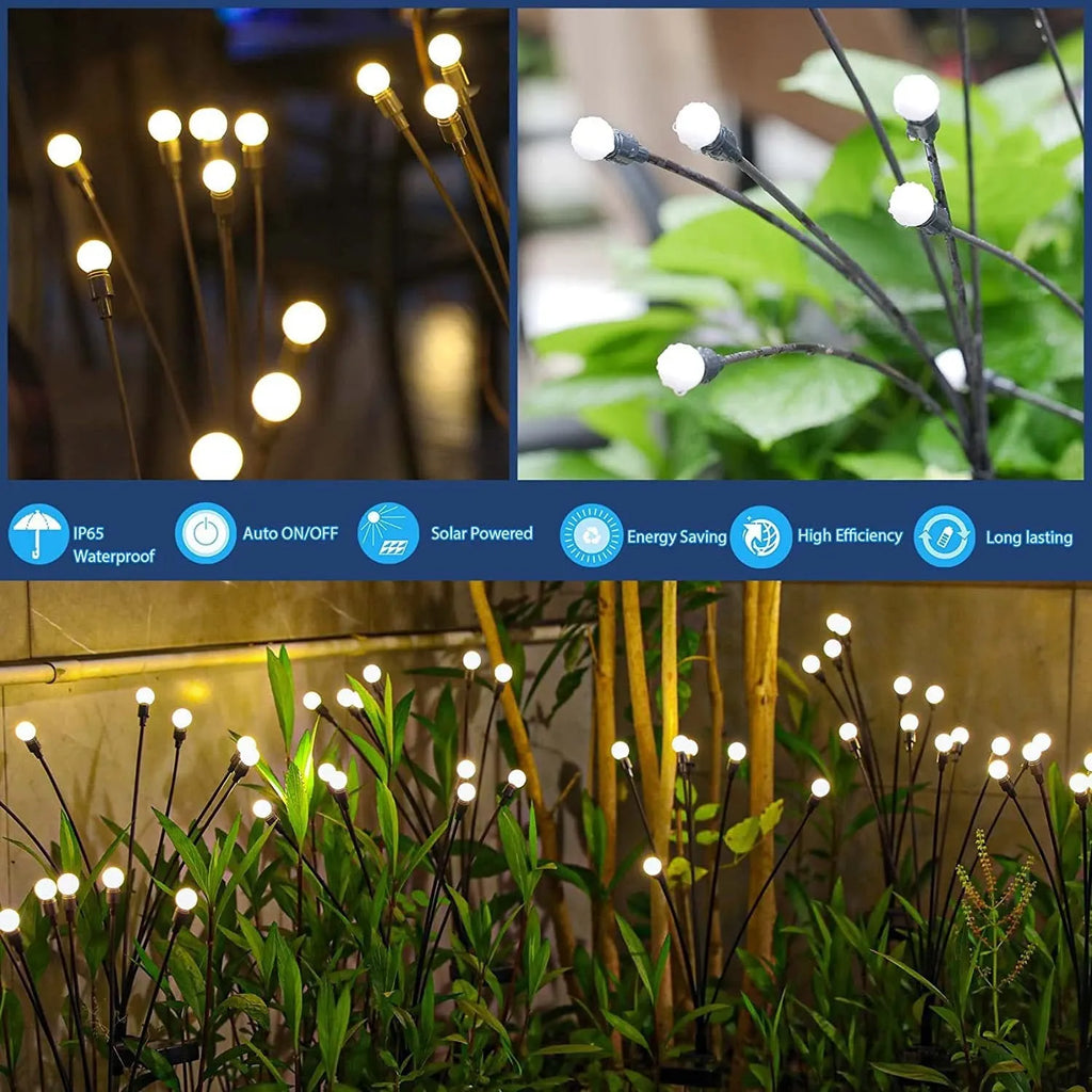 Solar powered LED ground spike garden light with multiple warm white and colour LED heads on stainless steel stake.