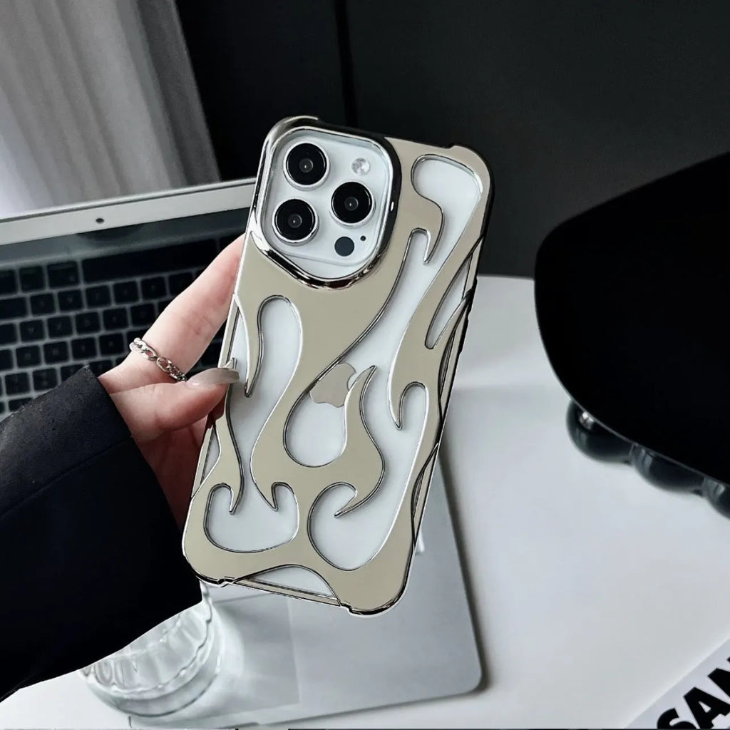 Electroplated hollow flame pattern soft phone case for Apple iPhone in silver finish.