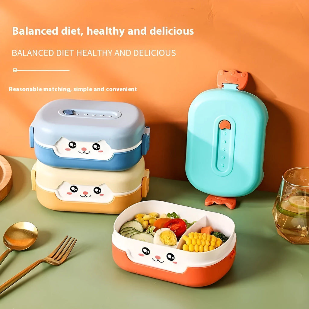 Square divided plastic lunch box with cartoon design elements in multiple colour options