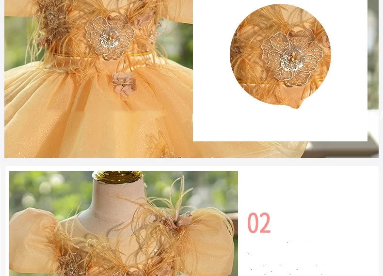 Girls champagne gold princess dress with sequins, short sleeves, round neck, and pettiskirt