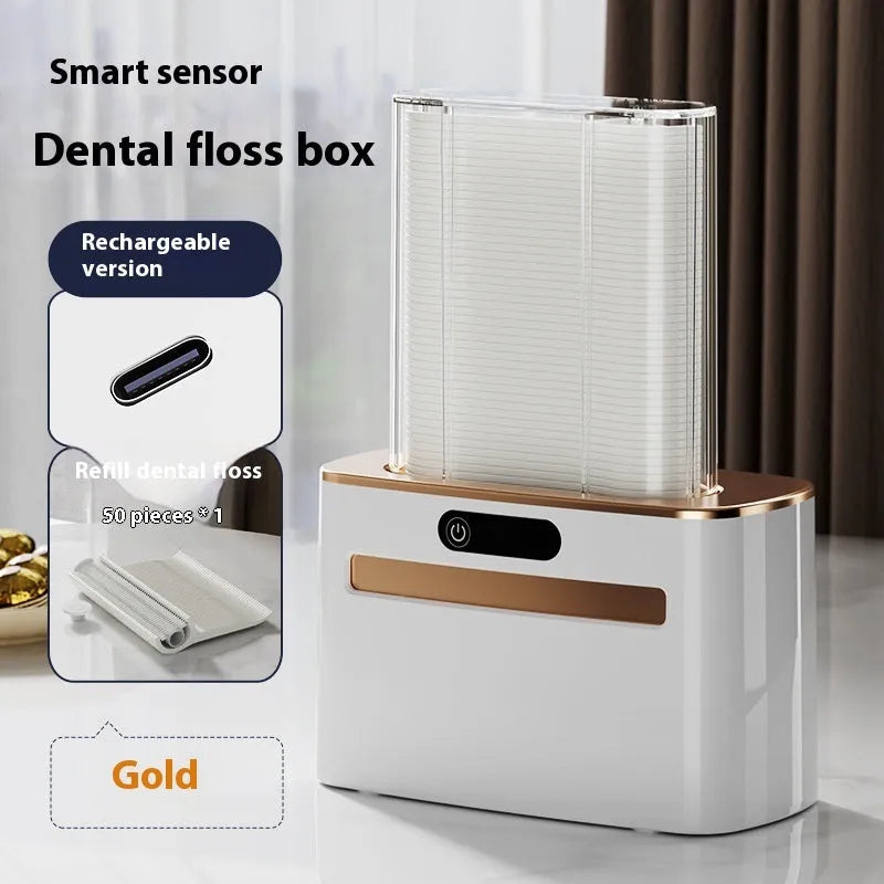 Intelligent induction automatic dental floss box in dark grey, gold, or light grey with rechargeable battery.