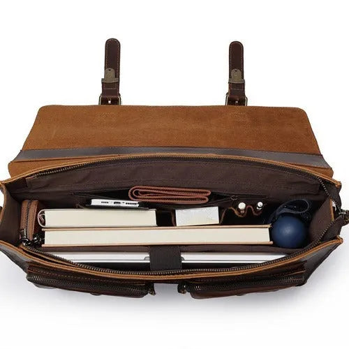 Top cowhide leather computer crossbody bag in black coffee colour with anti-theft expansion