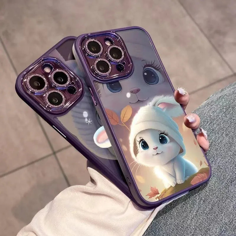 Transparent TPU glitter lens phone case for iPhone with fall protection, deep purple decorative rabbit pattern.