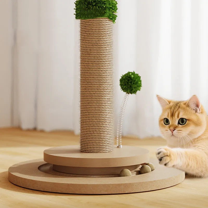 Vertical cat climbing frame with hemp rope wrapping and canna-coloured chamfered grab columns